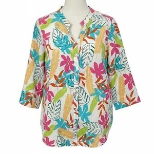 Hot Cotton Tropical Leaf Floral Band Collar Shirt Top Women's Medium